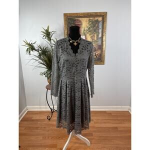 Womens Lace Dress Gray Floral Pleated Scallop Hem V Neck Romantic Modest Elegant